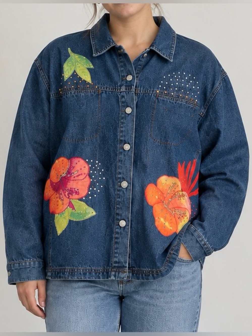 Women’s Vintage Floral Denim Blue Jean Jacket